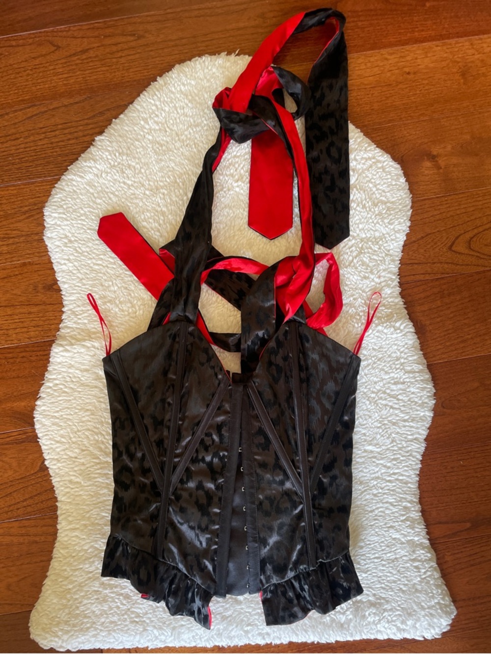 Corset- Black Satin Leopard Jacquard with Red Satin Accents